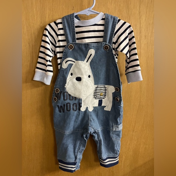 Denim Dog Overalls with Striped Shirt 12mth - Picture 2 of 9